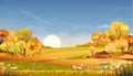 Autumn rural landscape farm fields and forest trees with orange sky sunset,Vector cartoon banner backdrop farm field harvest,Scene Royalty Free Stock Photo