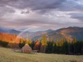 Autumn rural landscape with haystacks