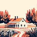 Autumn rural landscape with house and fence. Hand drawn vector illustration. AI generated Royalty Free Stock Photo