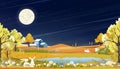 Autumn rural landscape at night with full moon on dark blue sky background,Vector Cartoon fall season at countryside with rabbits Royalty Free Stock Photo