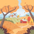 Autumn rural landscape with trees, fields, houses and windmill. Countryside landscape. Vector illustration in flat style Royalty Free Stock Photo