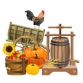 Autumn rural still life with wooden cart, cider press, pumpkins and apples. Royalty Free Stock Photo