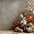 Autumn-Rustic Autumn Arrangement with Berries, Pods, and Textural Elements on Neutral Background Royalty Free Stock Photo