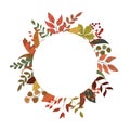 Autumn rustic round frame invitation card template with leaves and greenery border frame