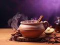 Autumn's Ambrosia: Warm Apple Cider in a Hand-Crafted Clay Pot Amidst Dried Apple Slices on a Soft Violet Canvas