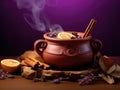 Autumn's Ambrosia: Warm Apple Cider in a Hand-Crafted Clay Pot Amidst Dried Apple Slices on a Soft Violet Canvas