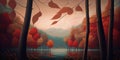 Autumn\'s Beauty: A Stunning Drawing of a Lake Surrounded by Trees and Red Pennants