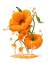 Autumn\'s Bountiful Beauty, A 3D Realistic pumpkin and flowers bloom together with drops of water.