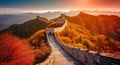 Autumn\'s Embrace, The Majestic Great Wall of China Painted in Nature\'s Vibrant Hues, Generative AI