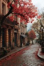Autumn\'s Enchanting Streetscape: A Storybook City with Red Trees