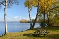 Autumn's lake with bench