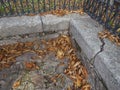 autumn sadness, bucolic image of a lonely fountain with brown leaves on the ground. Concept of sadness and melancholy.
