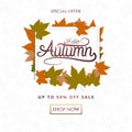 Autumn sale background layout decorate with leaves for shopping sale or promo poster and frame leaflet or web banner.Vector illust Royalty Free Stock Photo