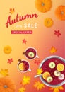 Autumn sale background with punch in a bowl and cups, slices of oranges, apples,cinnamon, anise, berries, pumpkins, leaves