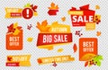 Autumn sale badges collection. Fall sales vector banners labels with red orange leaves isolated on transparent