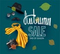 Autumn sale banner with accessoires and falling leaves.