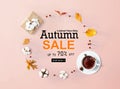 Autumn sale banner with autumn leaves and tea