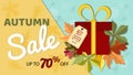 Autumn sale banner with colorful fall leaves and gift bo Royalty Free Stock Photo