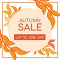 Autumn sale banner. Colorful stock vector illustration. Square seasonal discount poster with yellow leaves isolated on Royalty Free Stock Photo