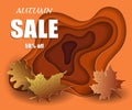 Autumn sale banner in cut paper style, mockup design discounted season, colorful yellow leaves on orange 3d background, vector.