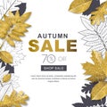 Autumn sale banner with 3d style gold and outline autumn leaves. Vector fall poster golden background. Royalty Free Stock Photo
