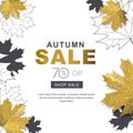 Autumn sale banner with 3d style gold and outline maple autumn leaves. Vector fall poster golden background. Royalty Free Stock Photo