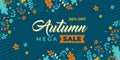 Autumn sale banner. Darkslategray background with autumn leaves and text Autumn mega sale. Seasonal discounts concept and oak Royalty Free Stock Photo