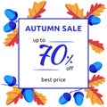 Autumn sale banner design with discount label, on yellow oak lea