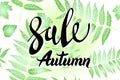 Autumn Sale banner design, with hand drawn lettering, in a frame made up by painted skeleton leaves, on dark green background Royalty Free Stock Photo