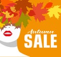 Autumn sale. Banner. Fashion girl. Colored leaves. Bold, minimal style. Pop Art. OpArt, positive negative space and