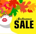 Autumn sale. Banner. Fashion girl. Colored leaves. Bold, minimal style. Pop Art. OpArt, positive negative space and Royalty Free Stock Photo