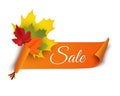 Autumn sale banner illustration. Colorful leaves with paper scroll banner