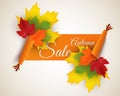 Autumn sale banner illustration. Colorful leaves with paper scroll banner