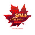 Autumn sale banner, leaf shaped emblem