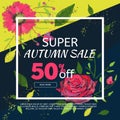 Autumn sale banner template with embroidery flowers
