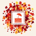 Autumn sale banner of white white square and logo with umbrella in center. Vector illustration with scattered maple leaves in