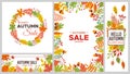 Autumn sale banners. Colorful fall leaves, seasonal discount. Tree foliage as maple and chestnut leaf, acorn Royalty Free Stock Photo