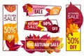 Autumn sale banners. Special discount banner with fallen leaves, season sales autumnal frames and fall price vector set