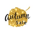 Autumn Sale brush lettering. Gold glitter banner design with sparkles on white background. Seasonal discount fall poster