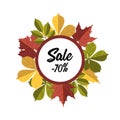 Autumn sale circle label with colorful leaves isolated on white background. Vector illustration Royalty Free Stock Photo