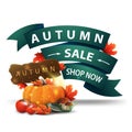 Autumn sale, discount clickable web banner in the form of ribbons with harvest of vegetables and a wooden sign