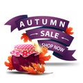Autumn sale, discount clickable web banner in the form of ribbons with jar of jam and maple leaves