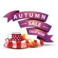 Autumn sale, discount clickable web banner in the form of ribbons with mug of hot tea and warm scarf