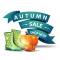 Autumn sale, discount clickable web banner in the form of ribbons with rubber boots and pumpkin