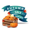 Autumn sale, discount clickable web banner in the form of ribbons with wooden crates of ripe pumpkins and autumn leaves