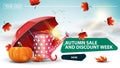 Autumn sale and discount week, clickable web banner for your website with a beautiful cloud background, garden watering can