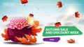 Autumn sale and discount week, clickable web banner for your website with a beautiful cloud background, jar of jam and maple