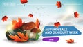 Autumn sale and discount week, clickable web banner for your website with a beautiful cloud background, mushrooms and autumn