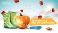 Autumn sale and discount week, clickable web banner for your website with a beautiful cloud background, rubber boots and pumpkin