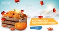 Autumn sale and discount week, clickable web banner for your website with a beautiful cloud background, wooden crates of ripe